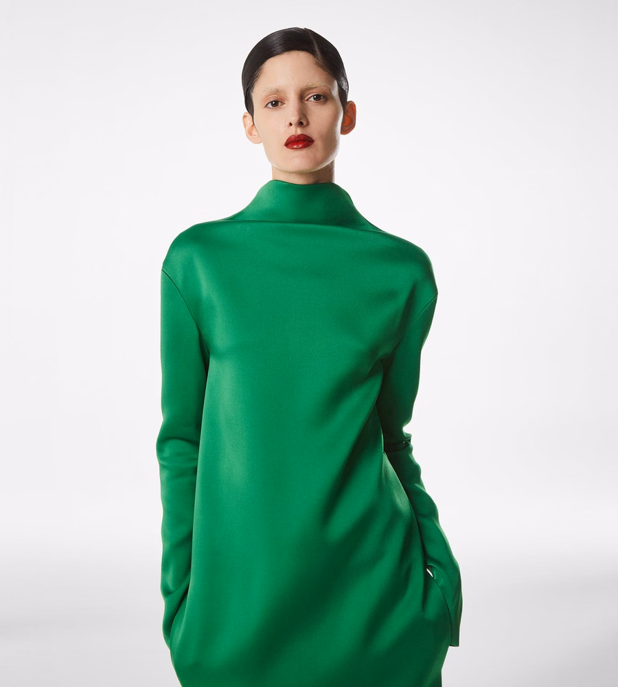 SHINY CREPE MOCK NECK COLUMN EVENING DRESS
