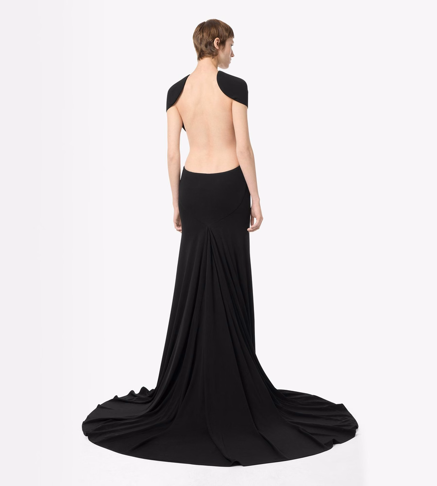 IMPOSSIBLE BACKLESS CAP SLEEVE EVENING DRESS WITH TRAIN