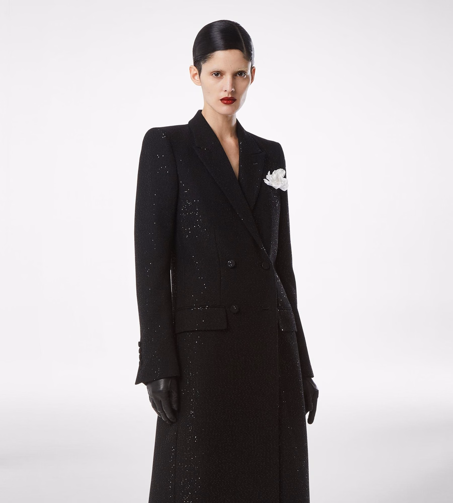 SEQUINED WOOL BLEND CREPE DOUBLE BREASTED COAT