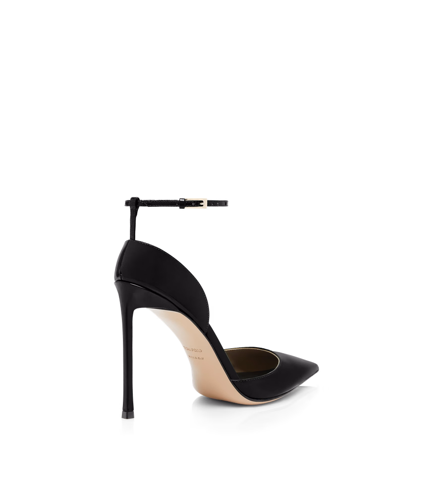 PATENT LEATHER VERTIGO ANKLE STRAP PUMP